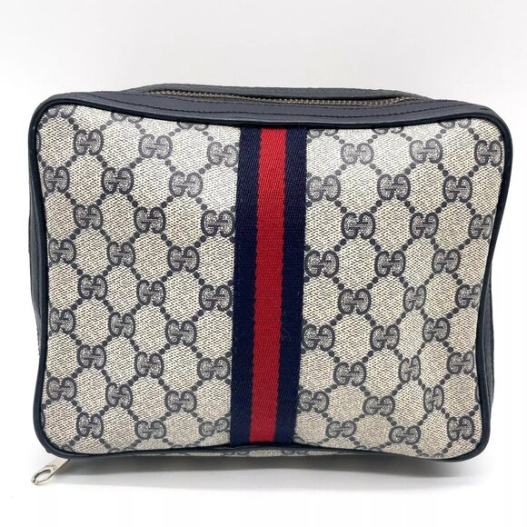 Auth Gucci GG Supreme Canvas Sherry Line Navy Blue Parfum Zipper cosmetic clutch - Picture 1 of 15